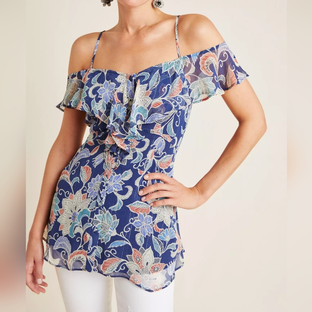 Anthropologie|Maeve Top Mariposa Blue Floral Shimmer Ruffle Drop Shoulder Size 8